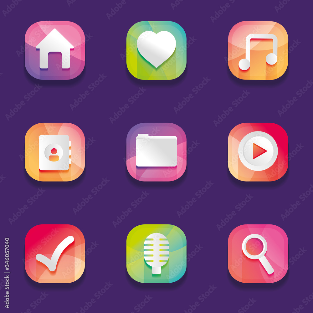 mobile app buttons icon set over purple background, detailed design mobile app buttons icon set over purple background, detailed design