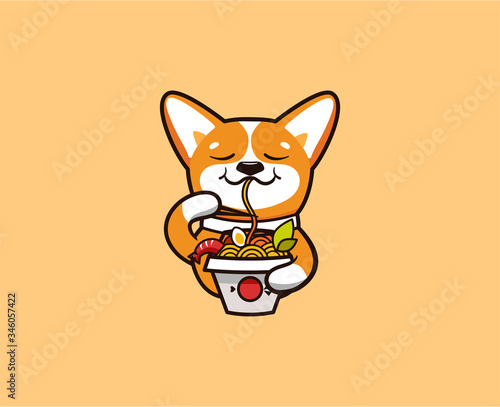 The logo funny corgi eats noodles. Food logotype, cute animal dog