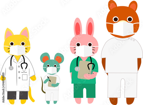マスクを着けた動物たち　医療従事者　病院スタッフ　お医者さん　看護師さん
