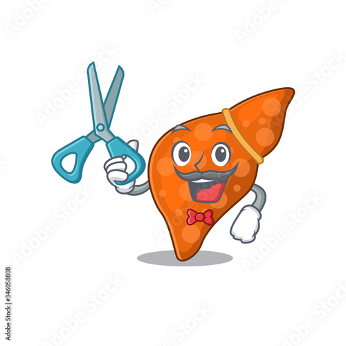 Sporty human hepatic liver cartoon character design with barber