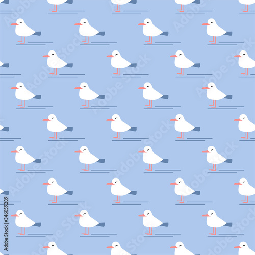 Cute Cartoon Seagull. Colored Seamless Pattern