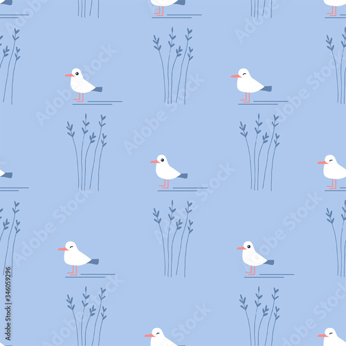 Cute Cartoon Seagull. Colored Seamless Pattern