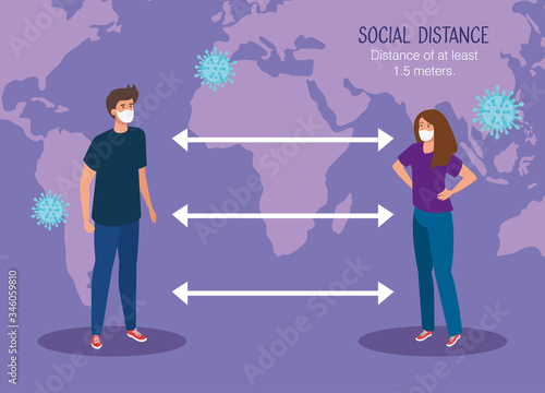 people using face masks with social distancing for covid19 vector illustration design