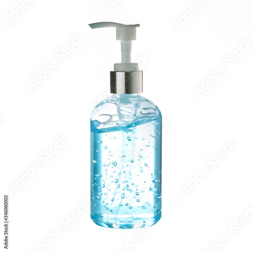 Pocket antiseptic hand sanitizer gel isolated on white background,corona virus prevention medical hand sanitizer gel,hydro alcoholic ,transparent blue antibacterial liquid with oxygen bubbles