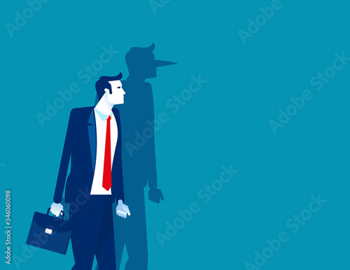 Businessman of shadow of his long nose. Lying people concept. Flat cartoon vector illustration style