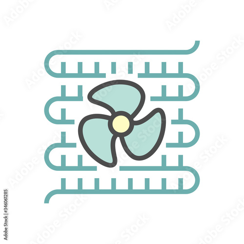 Condenser coil vector icon consist of copper or aluminium tubes, fins, fan for holds refrigerant, gas, pressure in air compressor for ductless split system, heating ventilation, air conditioning, hvac