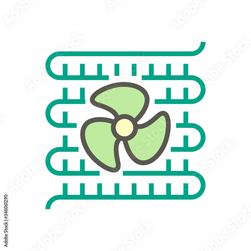 Condenser coil vector icon consist of copper or aluminium tubes, fins, fan for holds refrigerant, gas, pressure in air compressor for ductless split system, heating ventilation, air conditioning, hvac