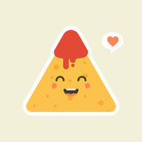 Funny characters Nachos with tomato salsa sauce. Nice mexican food. Vector illustration. Mexican food creative card concept.
