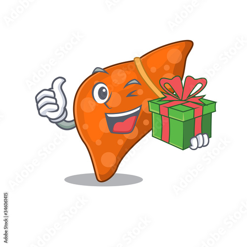 Smiling human hepatic liver cartoon character having a green gift box