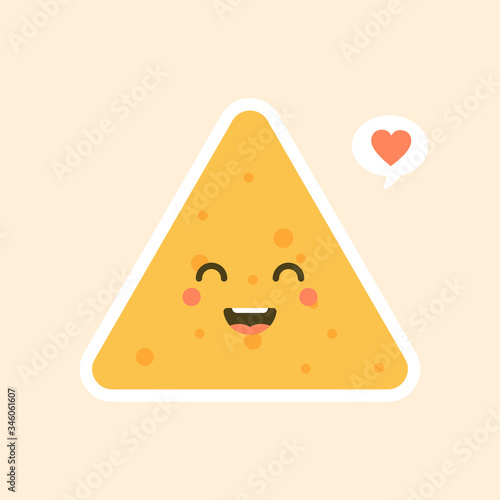 cute and kawaii nacho character design. Nacho vector. Nachos on color background. Funny mexican food vector cartoon illustration isolated on background.