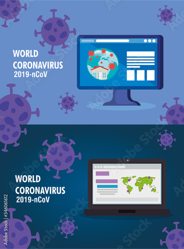 earth maps with covid19 particles in laptop vector illustration design