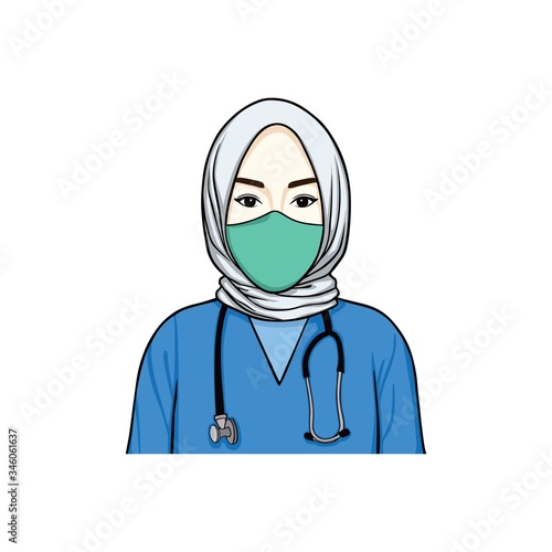 Beautiful Hijab Nurse Wearing Surgical Mask with Stethoscope, Healthy Mask Illustration, Vector Design Template