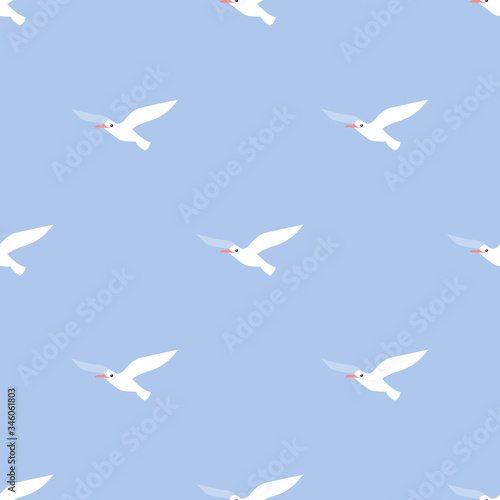 Cute Cartoon Seagull. Colored Seamless Pattern