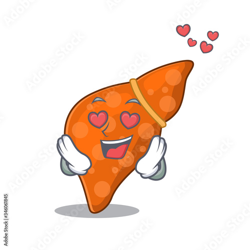 Cute human hepatic liver cartoon character has a falling in love face