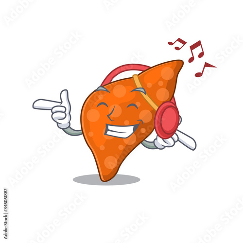 Human hepatic liver Cartoon design concept listening music
