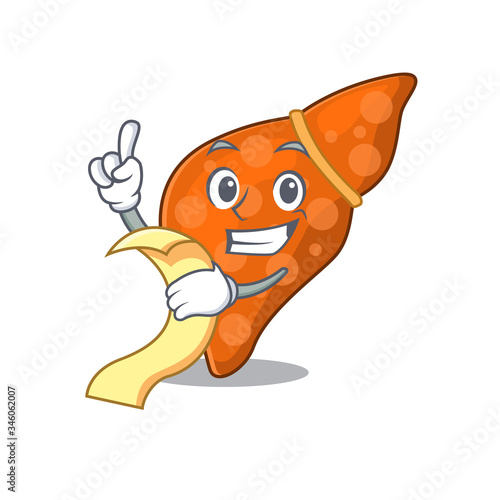 Human hepatic liver mascot character design with a menu on his hand