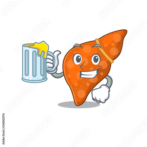 A cartoon concept of human hepatic liver rise up a glass of beer