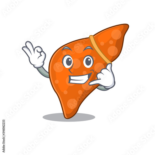 Cartoon design of human hepatic liver with call me funny gesture