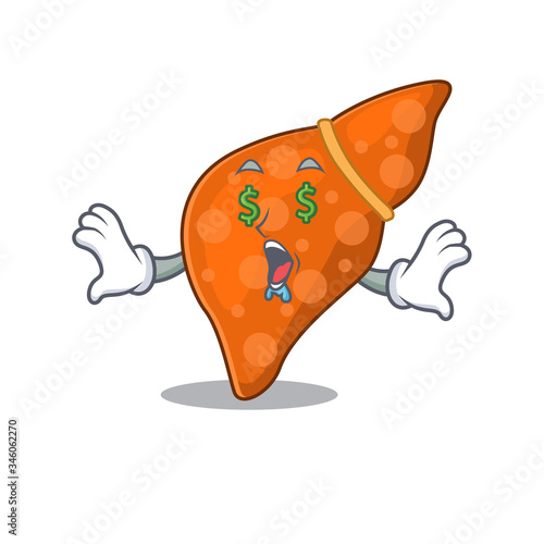 Rich cartoon character design of human hepatic liver with money eyes