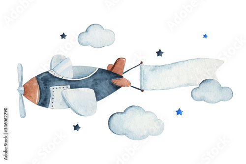 Cute watercolor sky scene with air plane, clouds and stars, watercolor hand drawn illustration