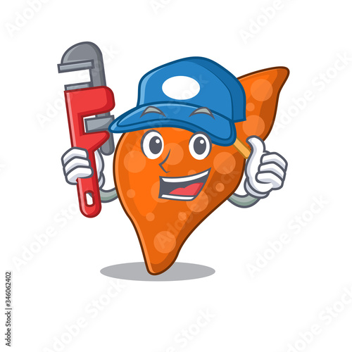 Human hepatic liver Smart Plumber cartoon character design with tool