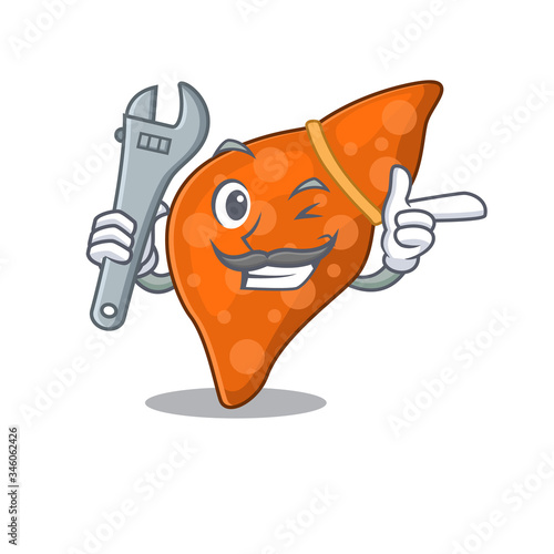 A picture of human hepatic liver mechanic mascot design concept