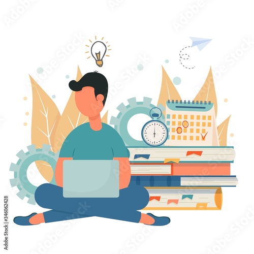 E-learning, education, personal productivity concept. Young man, student sitting with laptop near books stock vector illustration. Preparation for exams, online courses, modern lifestyle.