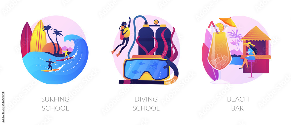 Sea resort recreation flat icons set. Underwater sport, extreme hobby, summertime leisure. Surfing school, diving school, beach bar metaphors. Vector isolated concept metaphor illustrations.