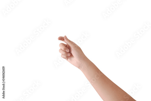 Close up of one beautiful female caucasian hand holding a pointing stick isolated on white background. Anonymous adult woman holds hand as if showing something virtual and invisible between fingers.