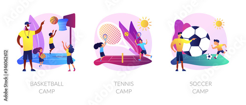 Physical activity classes flat icons set. Professional sportsman training courses. Basketball camp, tennis camp, soccer camp metaphors. Vector isolated concept metaphor illustrations.
