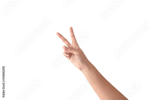 Woman hand victory sign gesture isolated on white background. Hand making number two sign gesture.  © Michelle