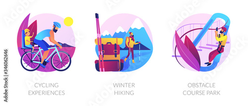 Outdoor sport activities icons set. Cycling experiences, winter hiking, obstacle course park metaphors. Training, exercising, trekking. Vector isolated concept metaphor illustrations
