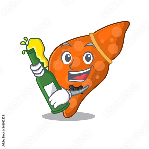 Mascot character design of human hepatic liver say cheers with bottle of beer