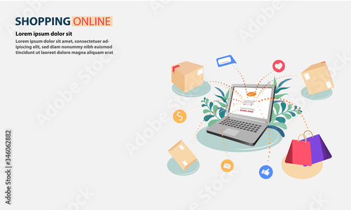 Shopping online on Computer or notebook.
Products that customers shopping and parcels bounce from the Computer or notebook.