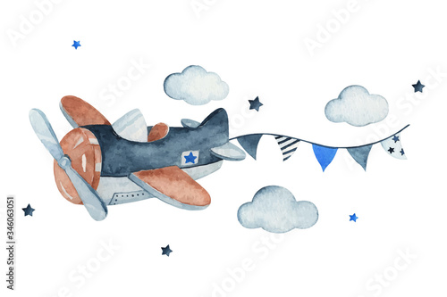 Adorable sky scene with air plane, garland, clouds and stars, watercolor hand drawn illustration