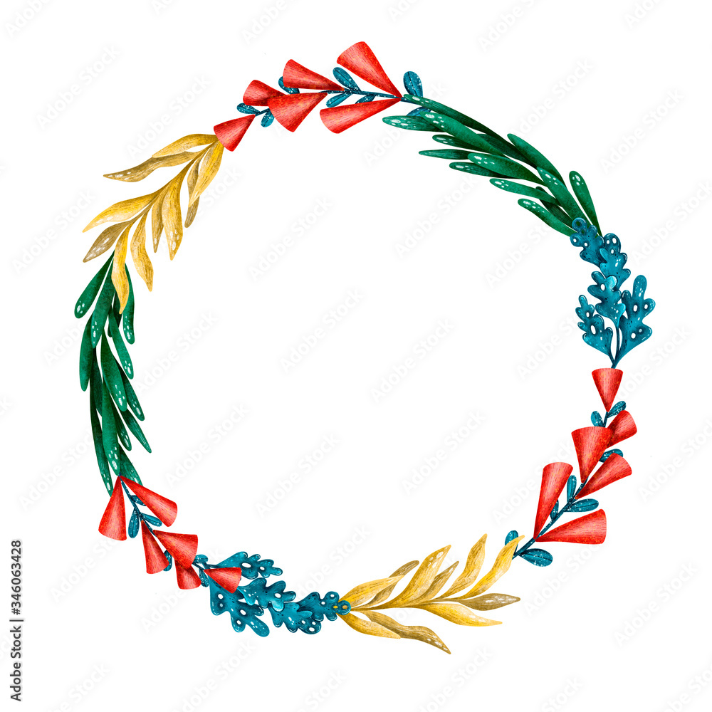 Naklejka premium Cute green floral wreath. Botany illustration. Citcle hand drawn border.