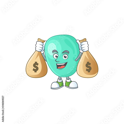 Blissful rich staphylococcus aureus cartoon character having money bags