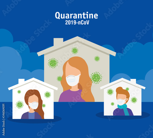 people using face mask and stay at home for covid19 vector illustration design