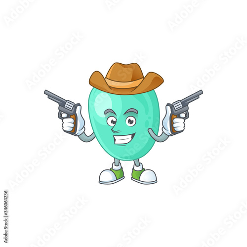 A cowboy cartoon character of staphylococcus aureus holding guns