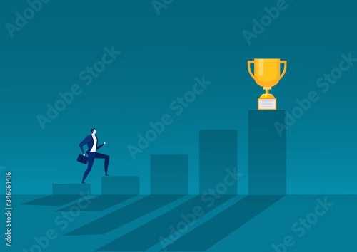 Businessman with stairs to golden trophy for success 