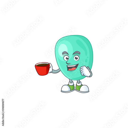 An image cartoon character of staphylococcus aureus with a cup of coffee