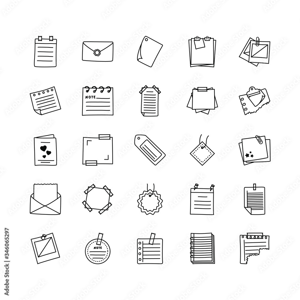 photographs and notes, messages icon set, line style