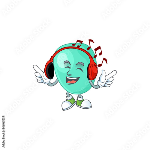 Cartoon mascot design staphylococcus aureus enjoying music with headset
