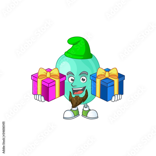 A smiling staphylococcus aureus cartoon design having Christmas gifts