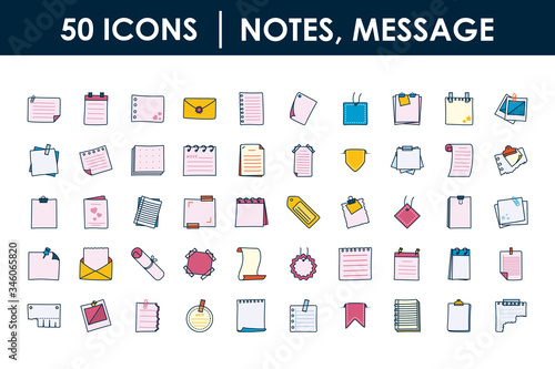 notes, messages icon set, line and fill style