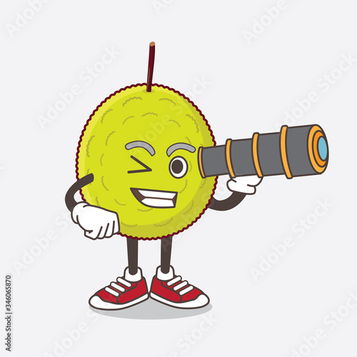 Entawak Fruit cartoon mascot character using a monocular