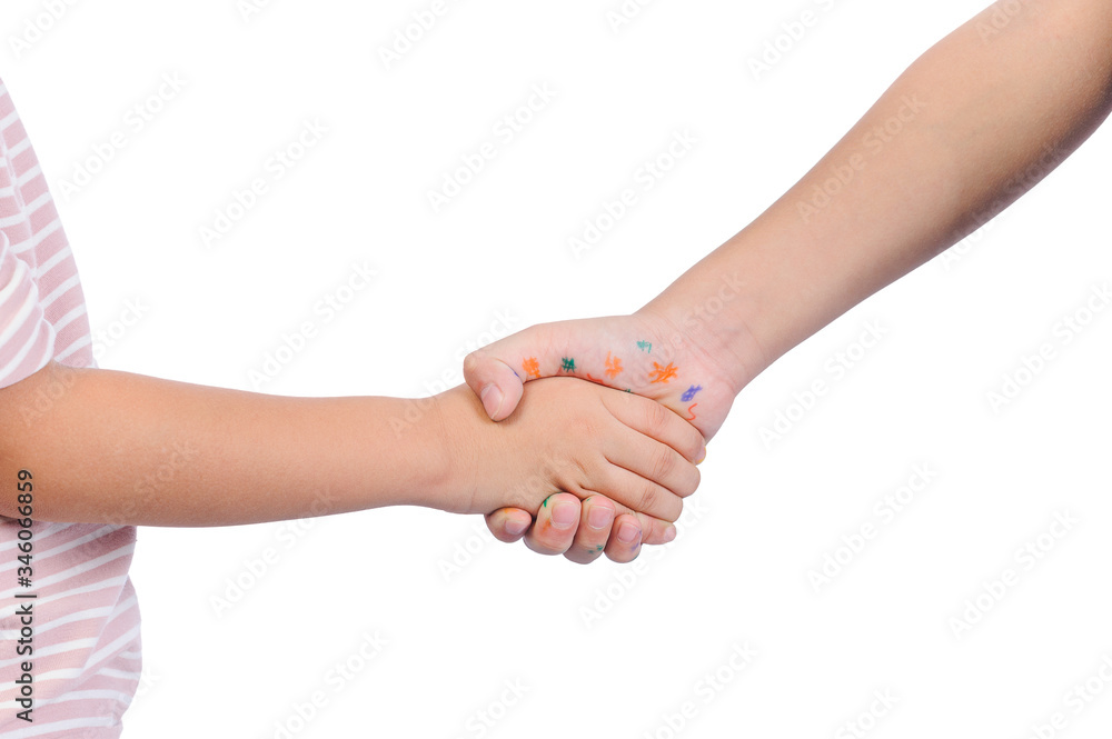 Baby health care for germs and touch concepts. Close-up hands of two little kids shaking hands and one of the child have many bacteria on hand that is ready to spread the disease to others Baby health care for germs and touch concepts. Close-up hands of two little kids shaking hands and one of the child have many bacteria on hand that is ready to spread the disease to others