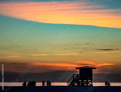 sunset at the beach, lifeguard, sky, seascape, water, ocean, gulf, tower, night, Siesta Key, Florida