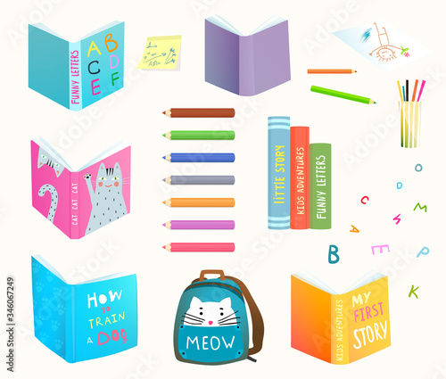 Reading books and library collection of isolated watercolor clip art objects. Books, color pencil, note, backpack and funny letters. Vector cartoon illustration.