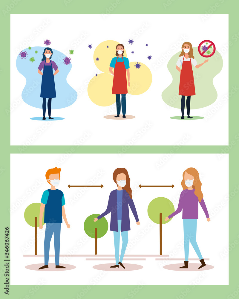 people using face mask and social distancing for covid19 vector illustration design